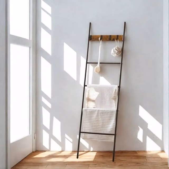 Pirlo Plush Brown Ladder Shelf Rack with Hooks