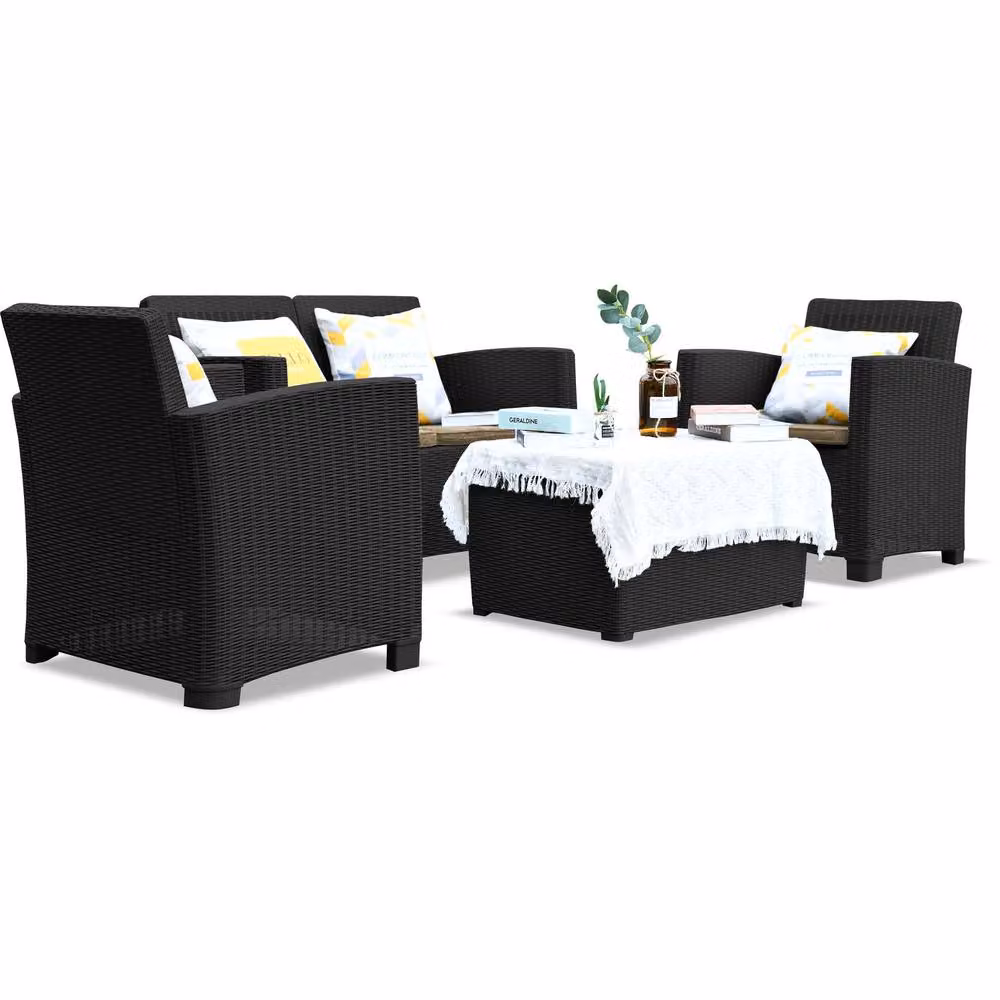 Centurion Supports SANTANA 4-Piece Black Polyrattan Garden Furniture Set with Cushions and Coffee Table – 2