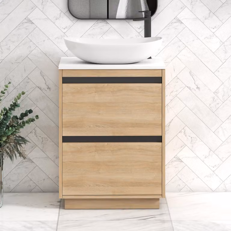 Royal Bathrooms Orion 600mm Natural Oak Floor Standing 2 Drawer Vanity Unit with Cesar Basin and Black Accent Trim in Plain White