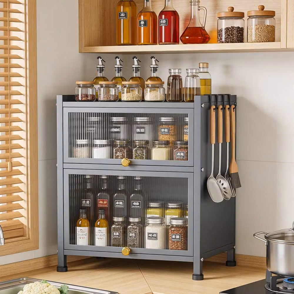 KORVIXA 3 Tier Spice Rack with Doors Countertop Condiment Storage Cabinet, Grey, W: 100 cm, D: 60 cm, H: 100 cm – 3