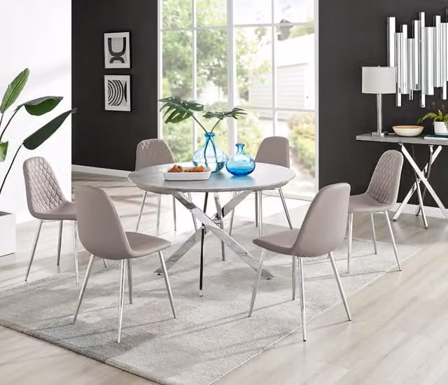 FurnitureboxUK Novara Grey Concrete Round Dining Table and 6 Corona Silver Leg Chairs in Cappuccino