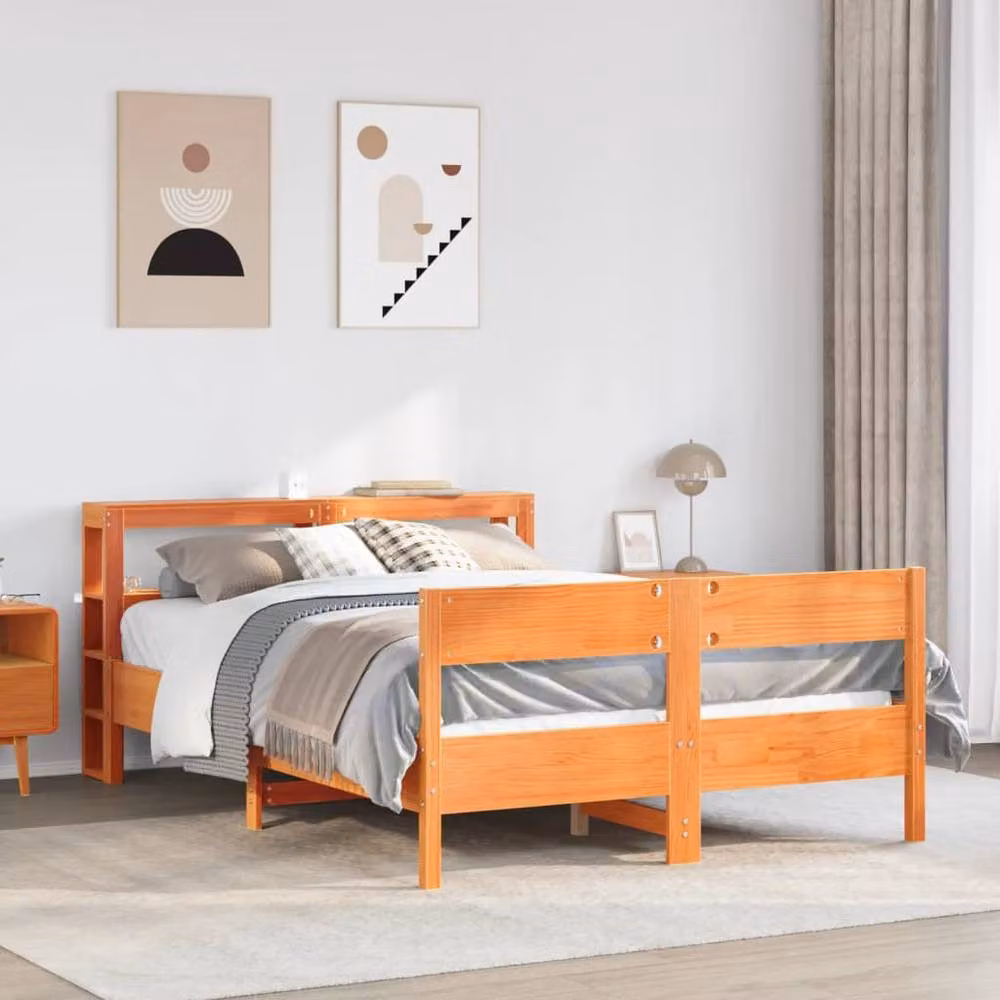 Berkfield Home Double Bed Frame in Waxed Brown Solid Pine with Side Compartments, W/D/H: 135 x 190 cm – 2
