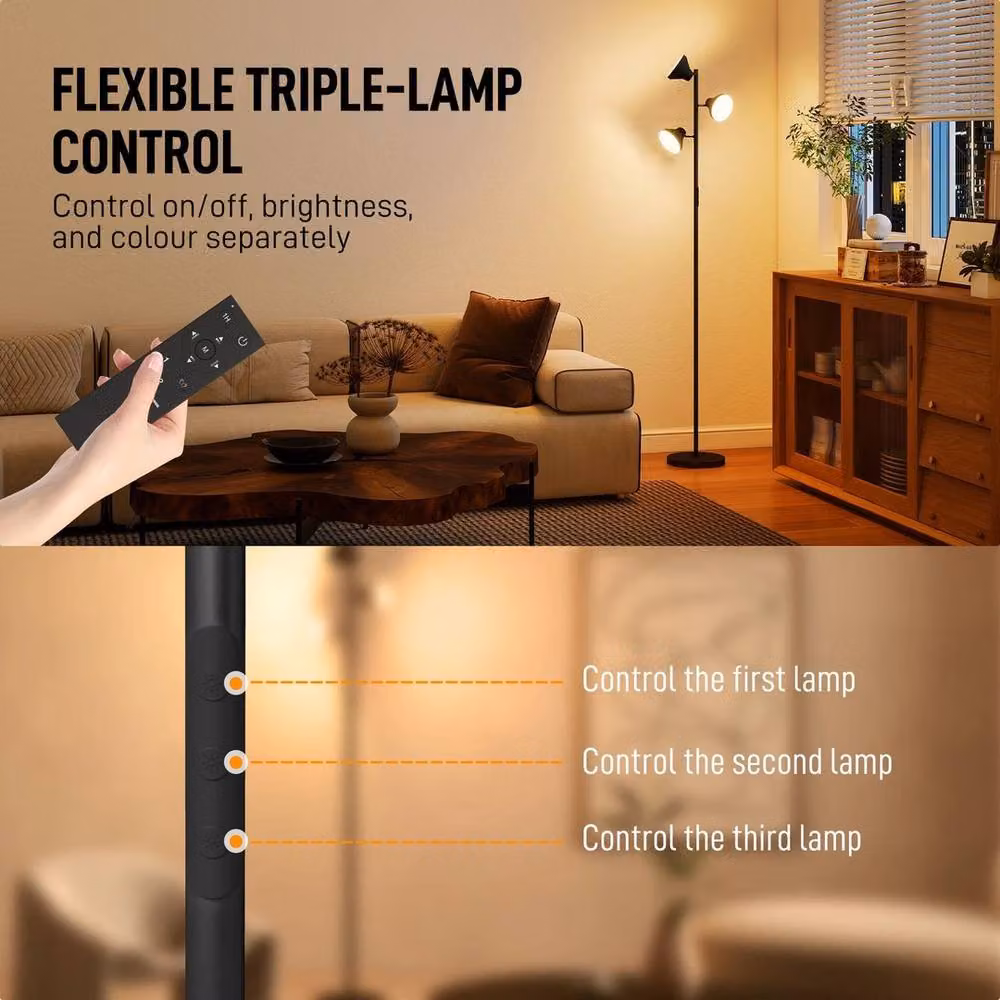 Nordara RGB LED Floor Lamp in Black with 3 Rotating Heads, Dimmable and Remote Controlled – 3