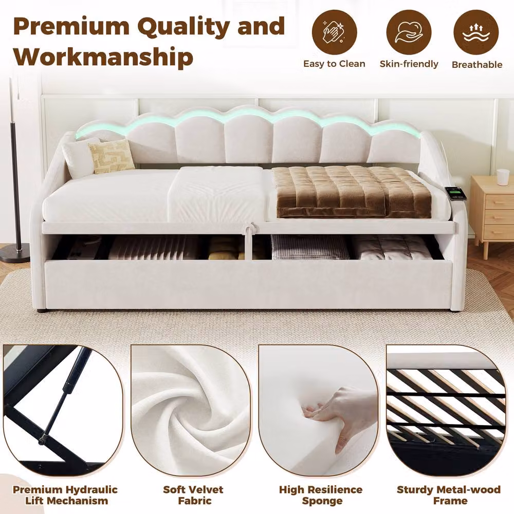 ModernLuxe Beige Velvet Upholstered Single Daybed with LED Ottoman Storage and USB Charging Port, W/D/H: 90 x 190 cm – 5