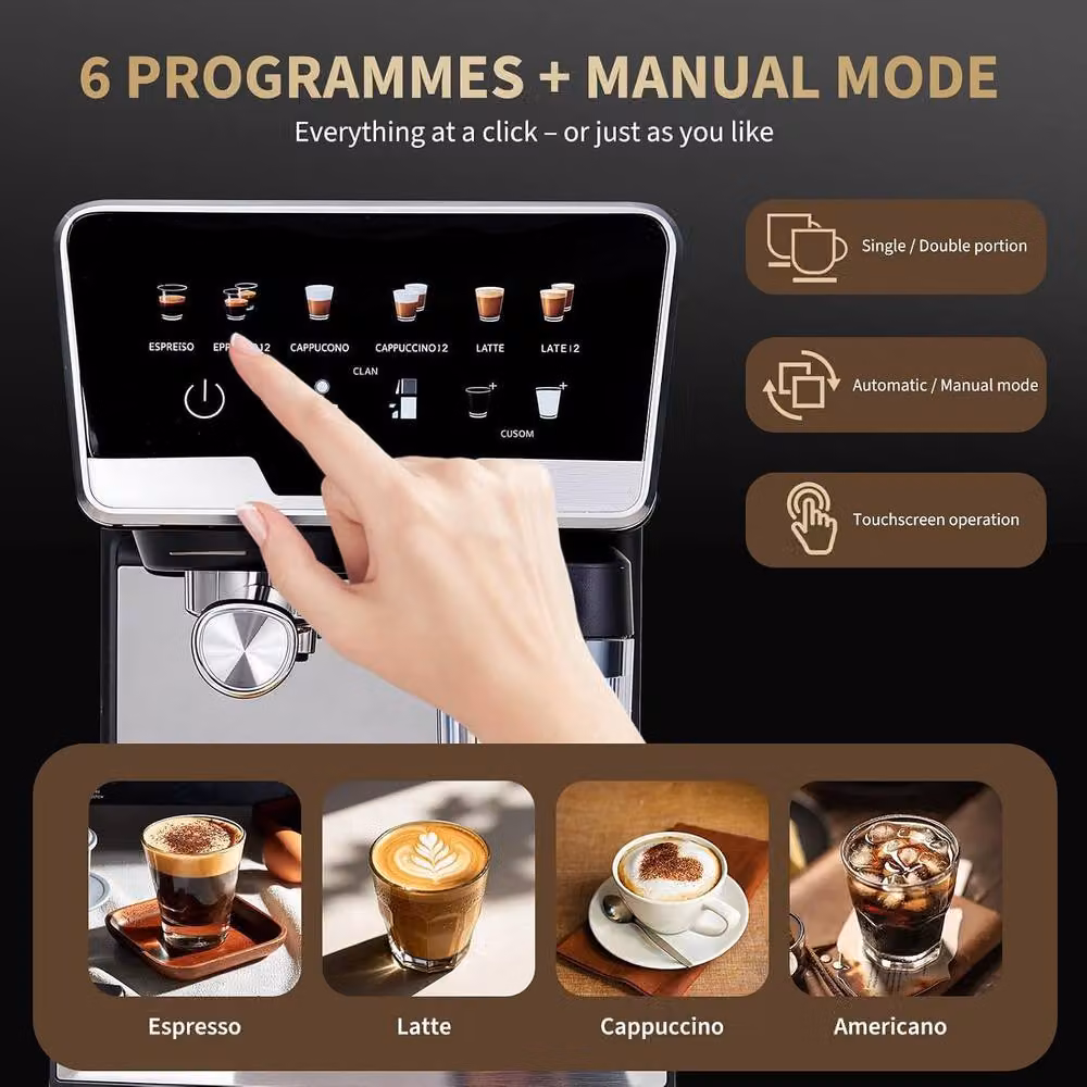 London Boutique Black Espresso Machine with Integrated Milk Frother, 20 Bar, 1450W – 3