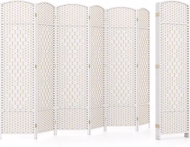 Costway 6 Panel White Wood and Rattan Room Divider