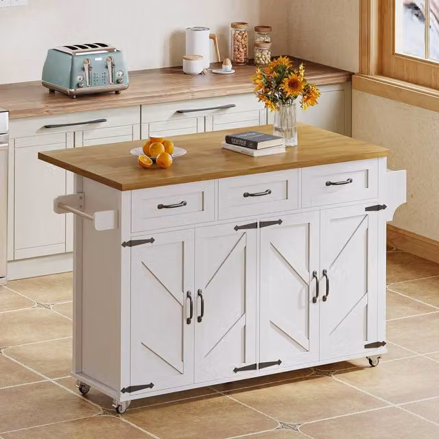 Rolipo White Rustic Kitchen Island on Wheels with Foldable Tabletop and Wood Storage – 1