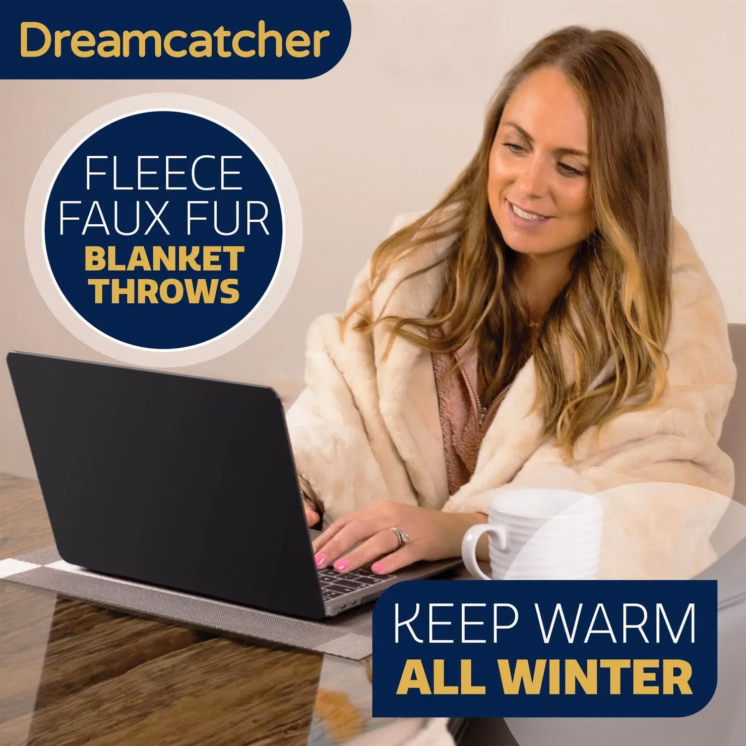 Dreamcatcher Faux Fur Polyester Throw Blanket in Beige, W/D: 160 x 130 cm – 4