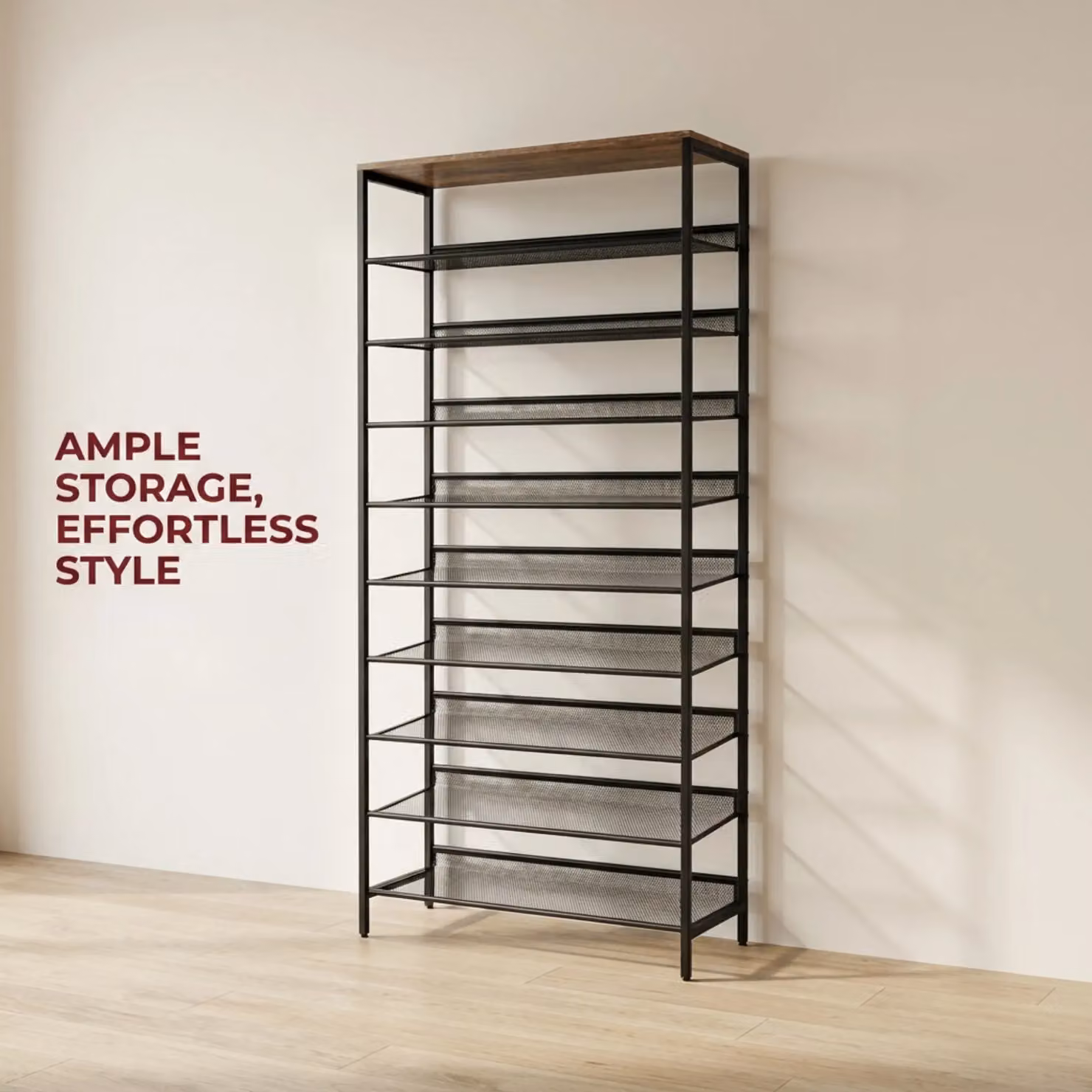 Storvo 10 Tier Tall Hallway Shoe Rack with Adjustable Shelves in Brown and Black – 4