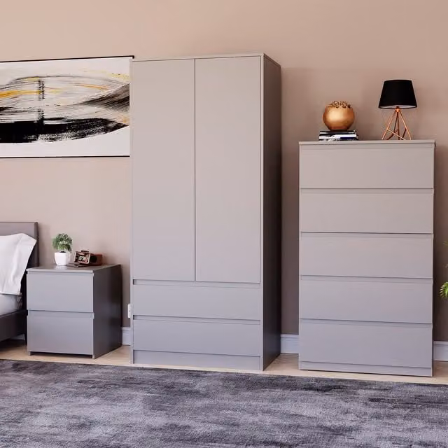 Vida Designs Denver Modern Grey Bedroom Set with 2 Drawer Bedside, 5 Drawer Chest and 2 Door 2 Drawer Wardrobe