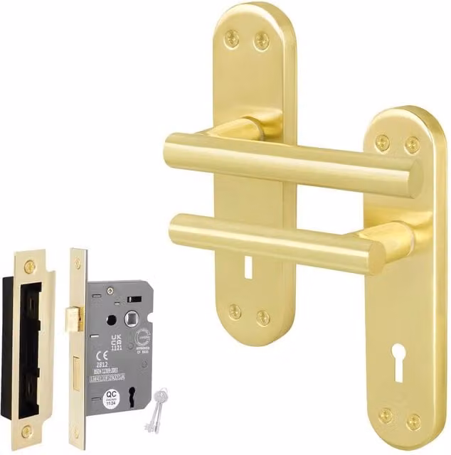 AFIT T-Bar Satin Brass Lock Backplate Handles Set in Gold, W/D/H: 150 x 150 x 150 mm