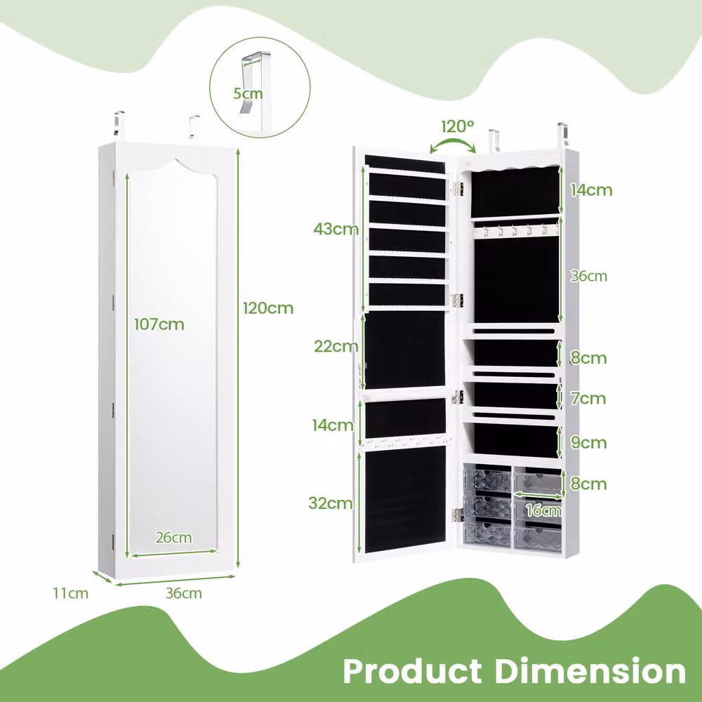 Gymax White Glossy Jewellery Cabinet with Full Length Mirror and Integrated LED Lighting, Wall Mounted – 2