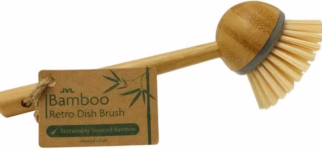JVL Round Bamboo Long Handle Washing Up Dish Brush in Yellow and Brown