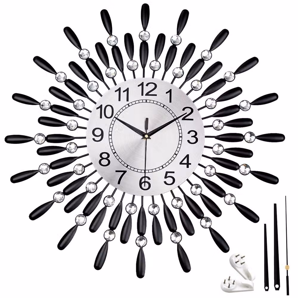 Crystals Black Diamante Beaded Quartz Jeweled Round Wall Clock, Diameter: 60 cm – 2