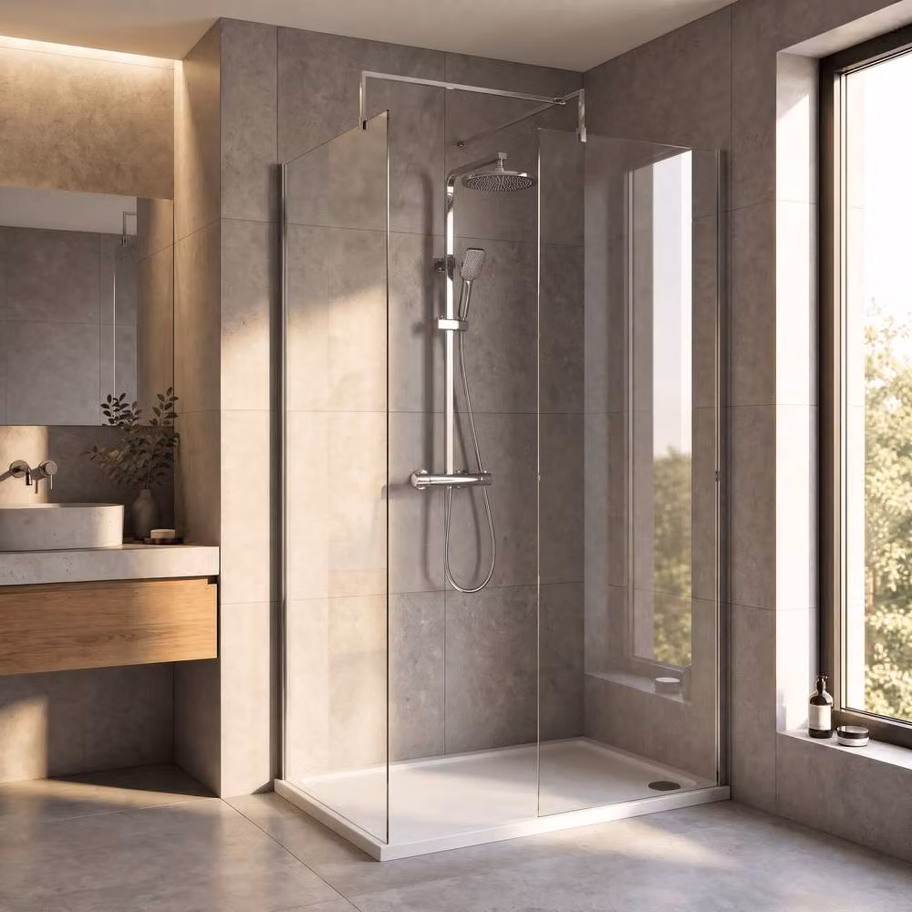 Balterley Matt Black Walk-In Wetroom Shower Bundle with Rectangular Tray and Fixed Transparent Glass, W: 120 cm, D: 70 cm – 2