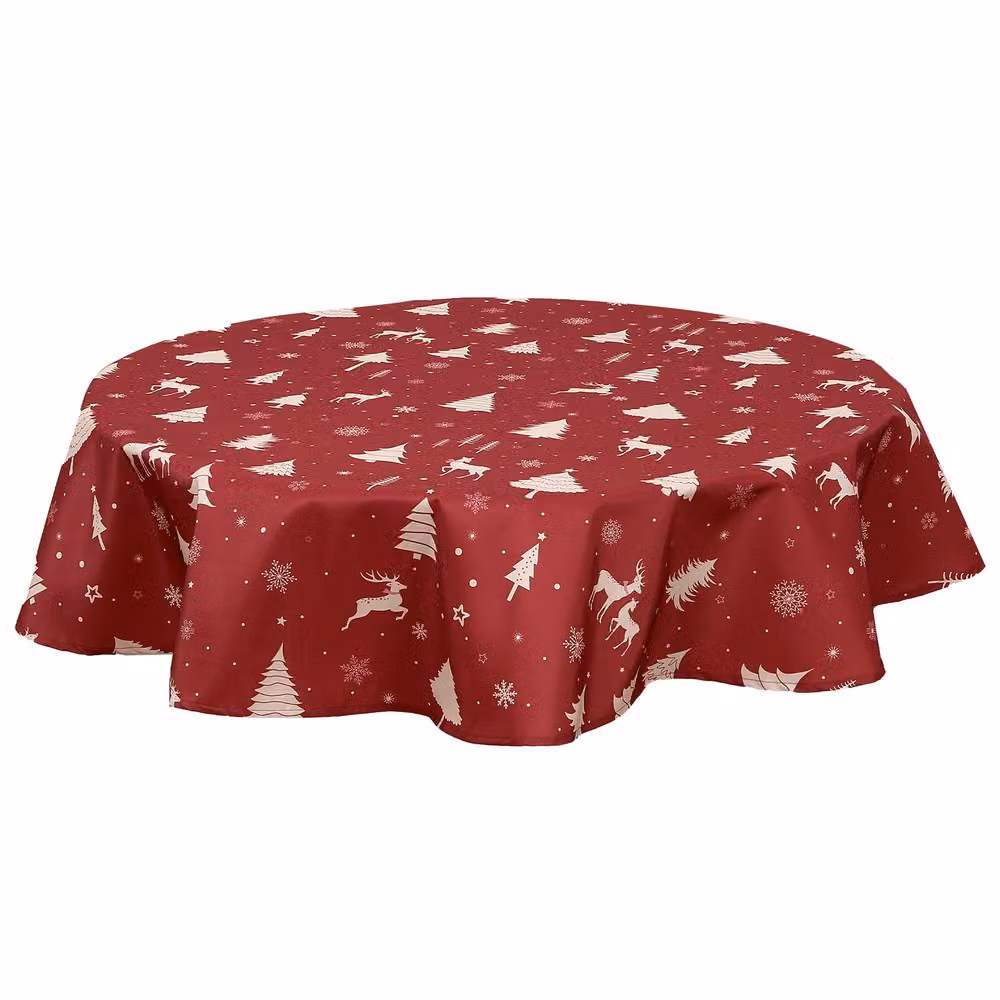 London Boutique Round Waterproof Christmas Tablecloth in Red with Deer Graphic, Diameter: 152.4 cm – 2