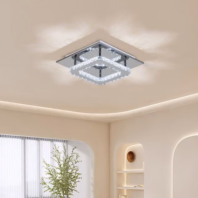 Livingandhome Square Crystal LED Ceiling Light in Chrome and White, Cool White, Diameter: 30 cm