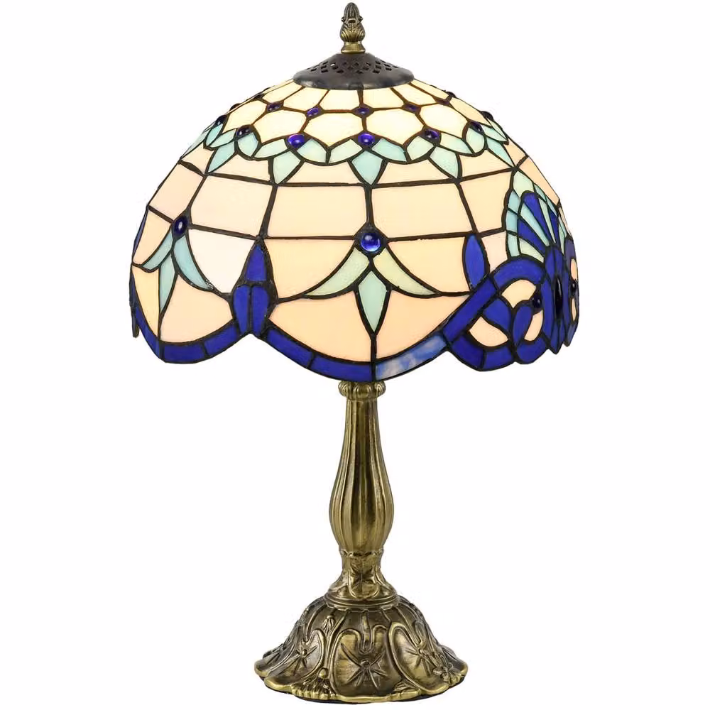 Wyld Haus Repatto Blue and White Handcrafted Stained Glass Table Lamp with Gold/Brass Metal Base, H 48 cm x W 30 cm x D 30 cm – 2