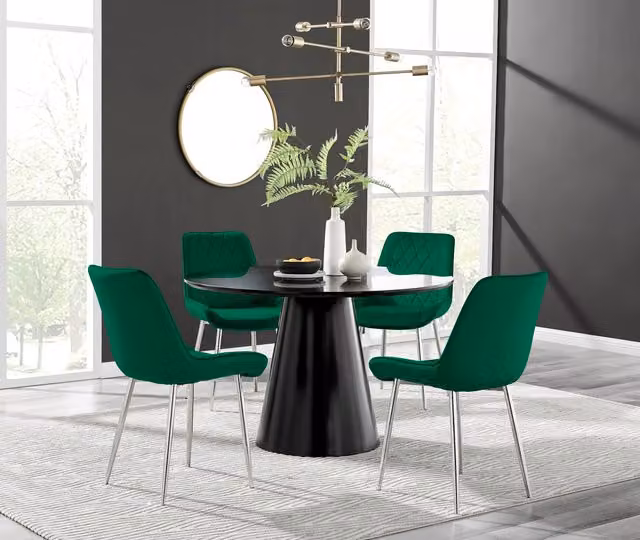 FurnitureboxUK Palma Black Semi Gloss Round Dining Table and 4 Pesaro Silver Chairs in Green