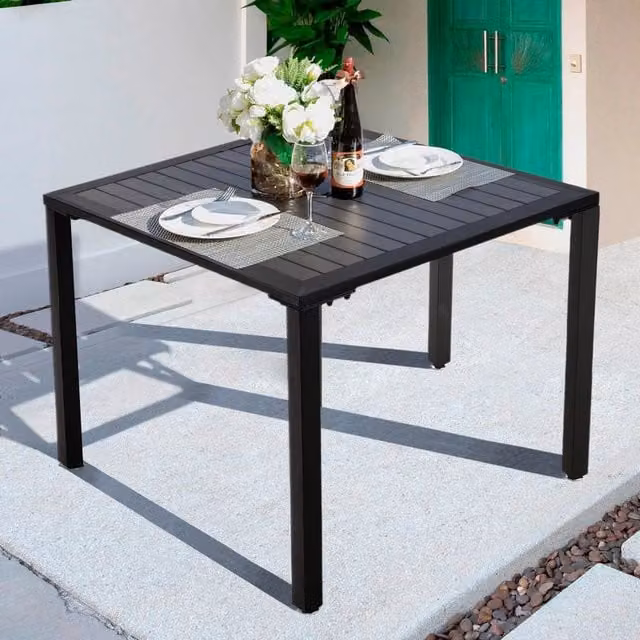 Livingandhome Modern Square Outdoor Dining Table with Parasol Hole in Grey and Black Composite and Metal