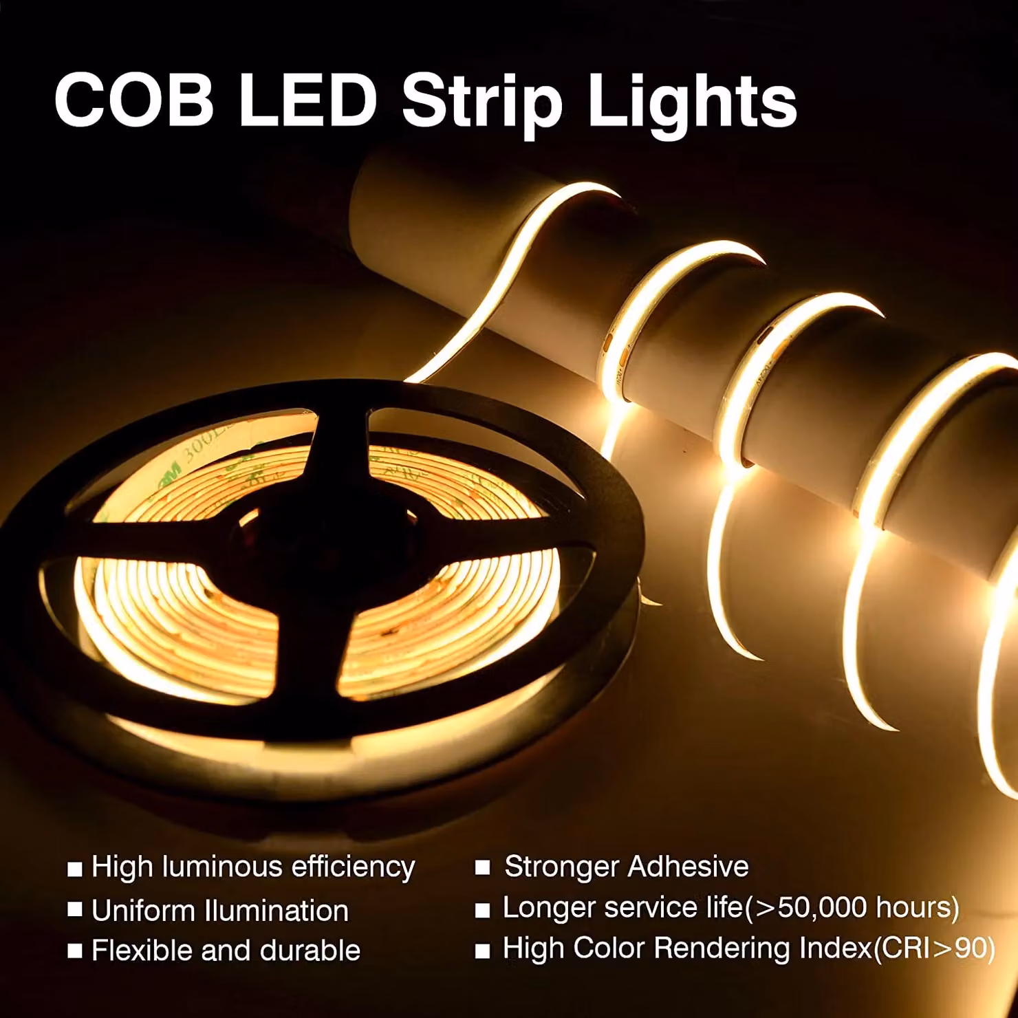 ENER-J 12V COB LED Strip Lights in Warm White, 3000K, 300 LEDs/M, 10W/M, 1100lm/M, CRI 90-92 – 5