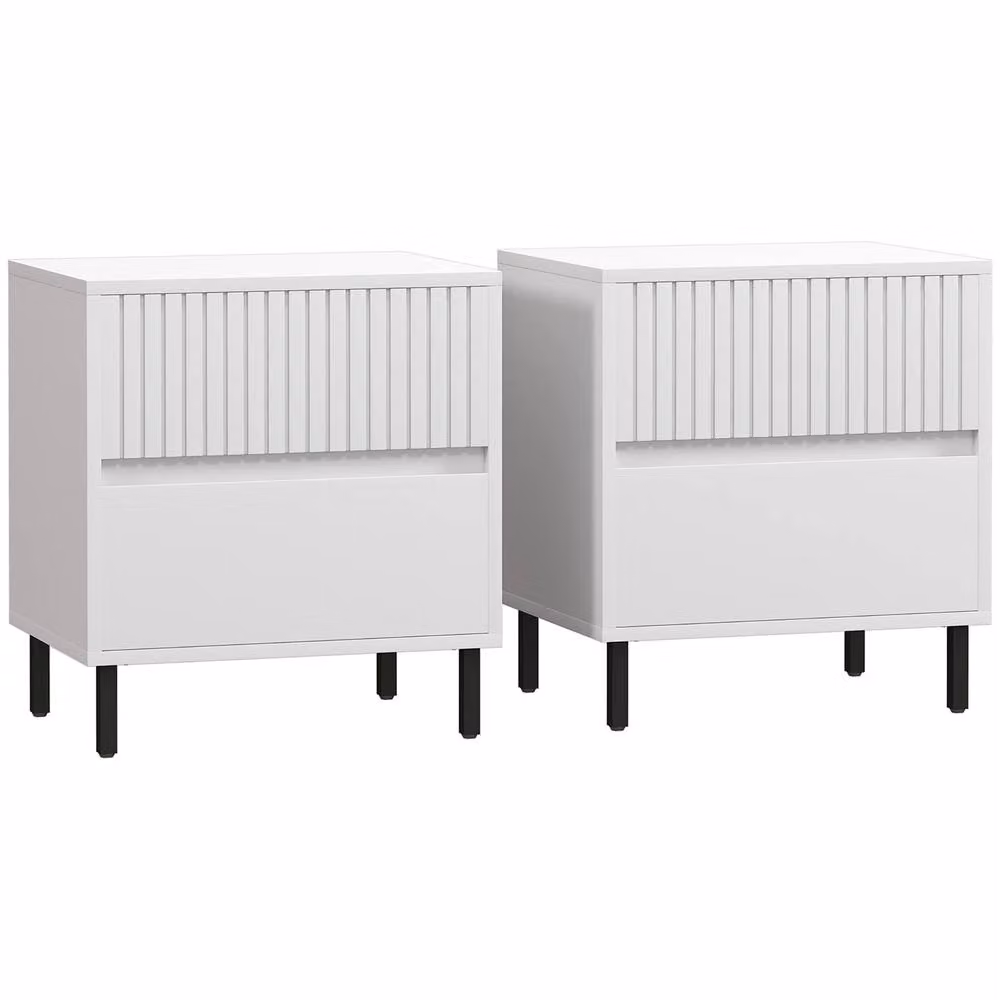 HOMCOM Set of 2 White Modern Bedside Tables with Metal Legs – 2