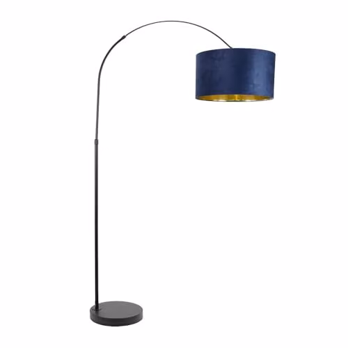 ValueLights Louis Black Arch Floor Lamp with Blue Fabric and Gold Inner Shade, H 180 cm x W 45 cm x D 45 cm – 1