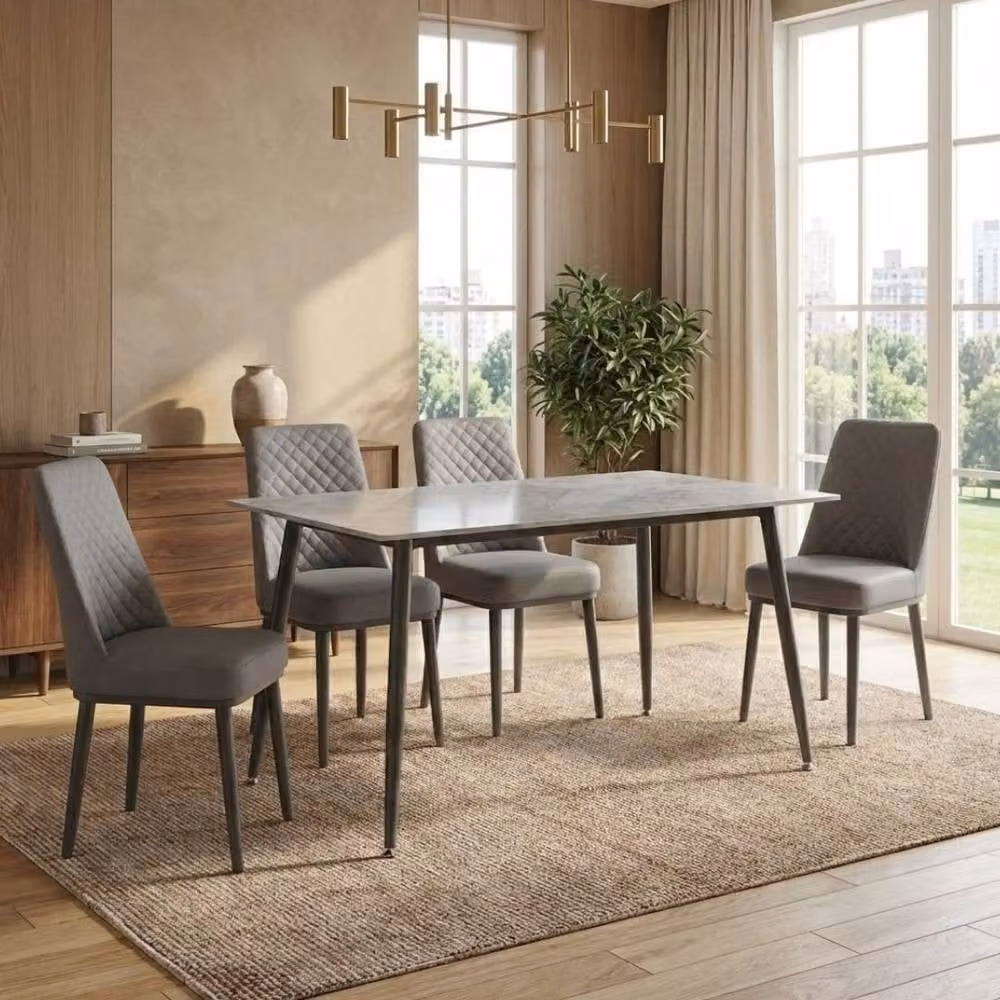 HOME LUXE INTERIOR Oxford Grey Ceramic Rectangular Dining Table and 4 Grey Upholstered Chairs Set – 3