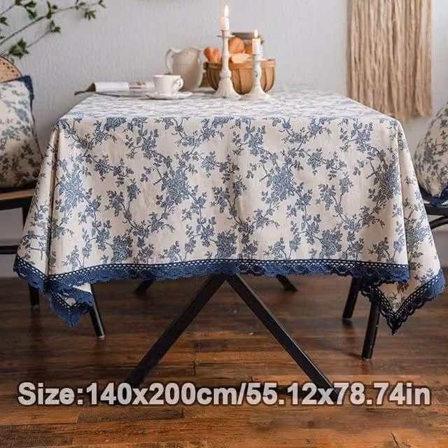 PAWNORA Blue Retro Floral Linen Tablecloth, W: 140 cm, L: 200 cm