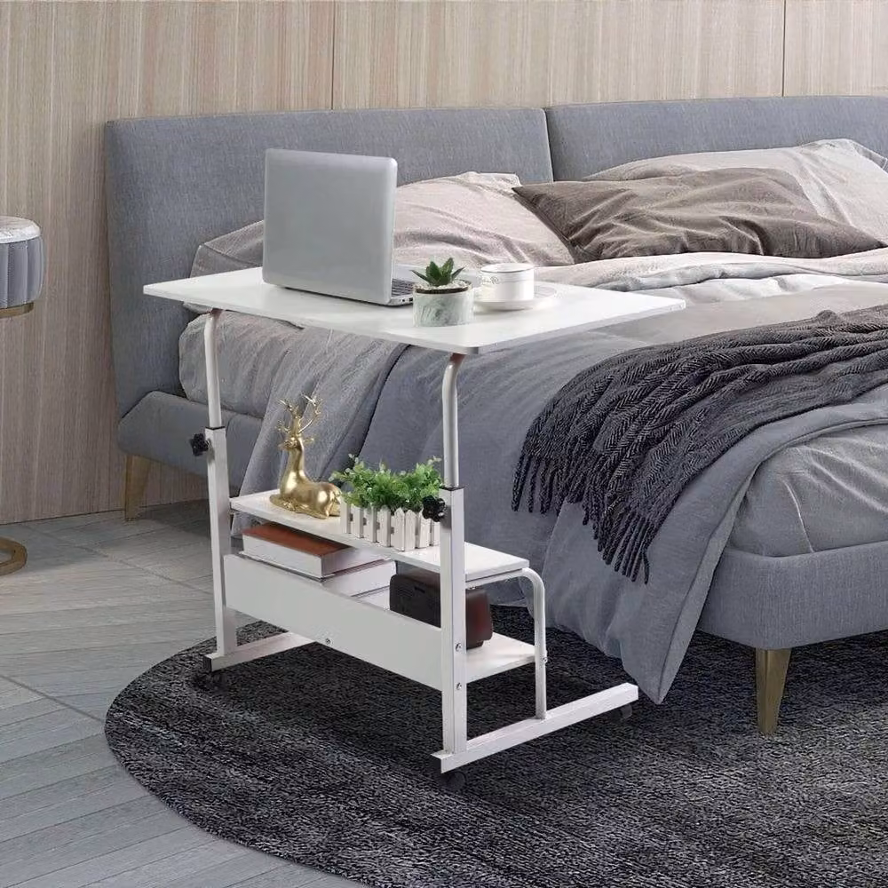 FORGEVIO 2 Tier Mobile Over Bed Table in White, Height Adjustable Writing Desk with Castors – 5