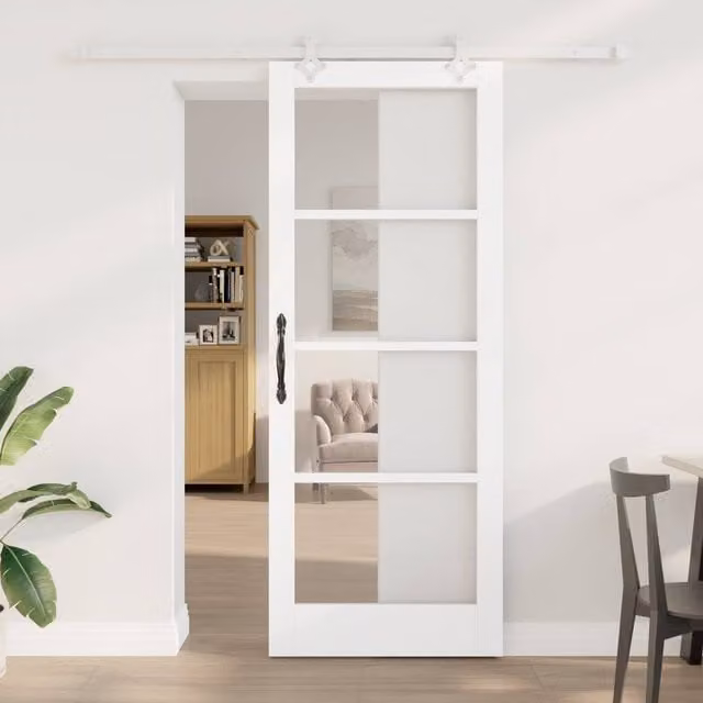 Berkfield Home Minimalist White Lacquered Sliding Door with Hardware Set, Solid Wood and Glass, W: 83 cm, H: 211 cm