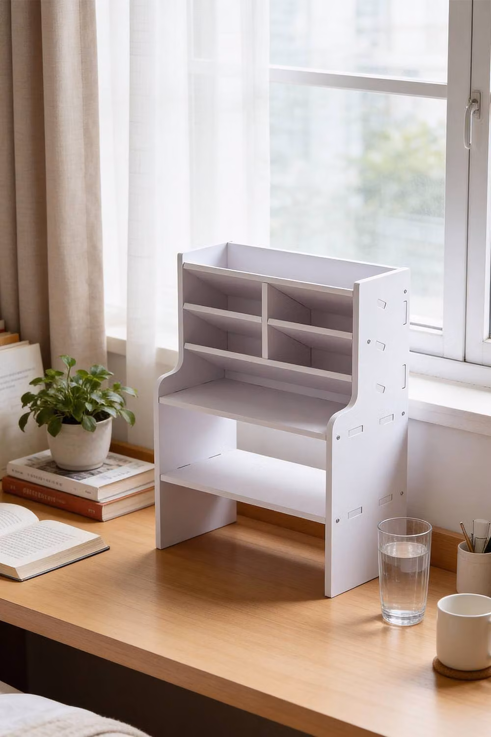 Living and Home Modern Desktop Storage Shelf with Back Panel in White Matt MDF – 2