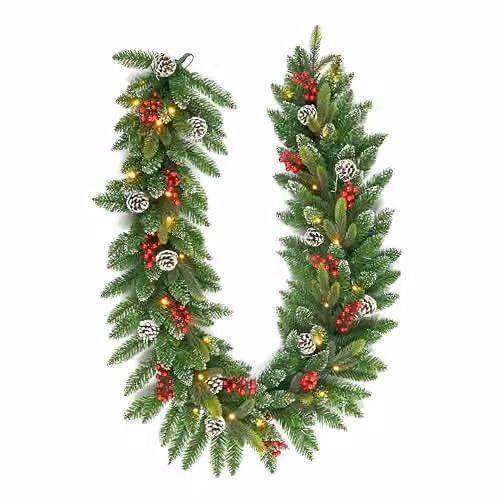 SHATCHI 2m Snow Flocked Artificial Green Christmas Garland with Warm White LED Lights, Pinecones and Red Berries – 1