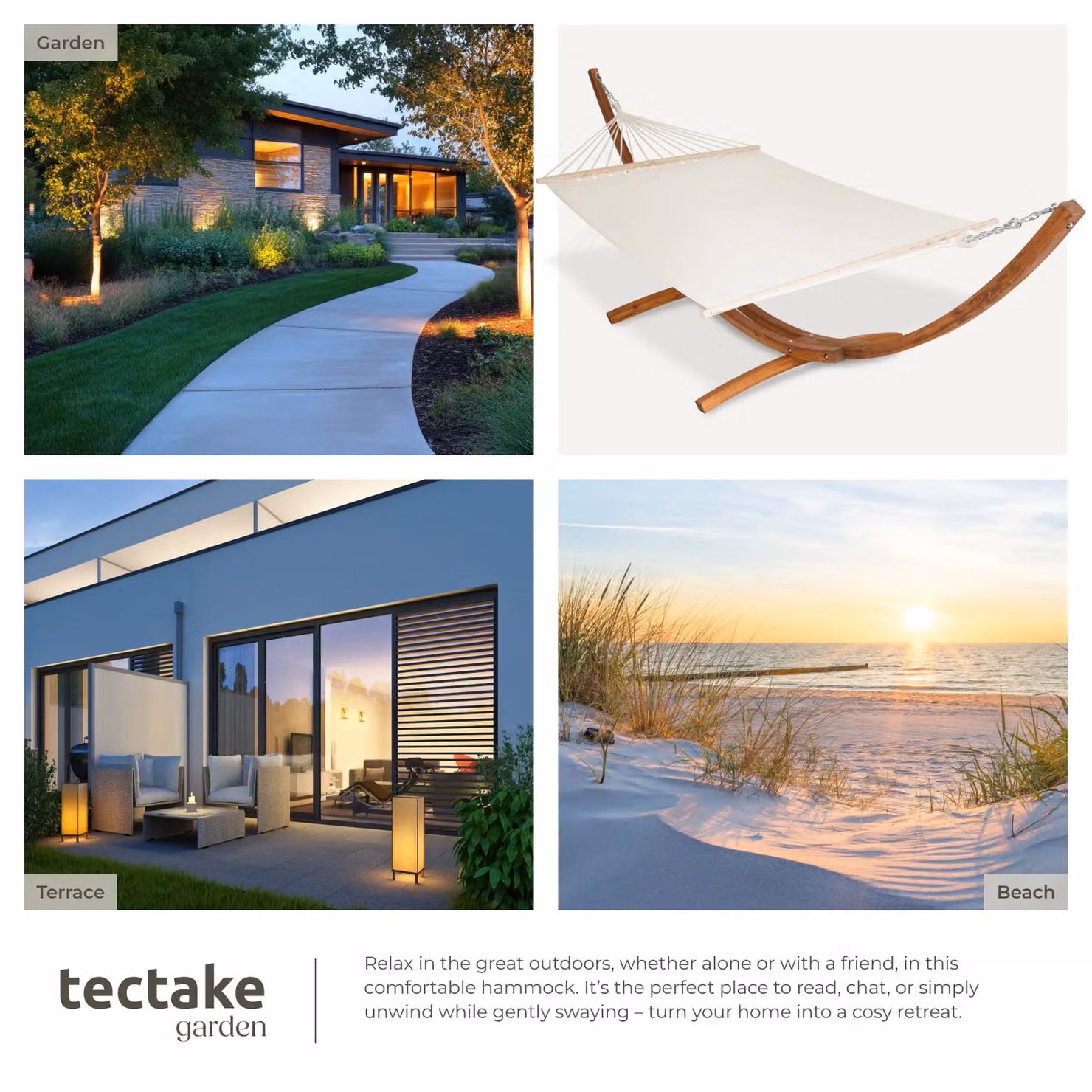 tectake Thorsten 2 Seater Hammock with Stand in White, featuring Oiled Larch Wood and Metal Frame – 4