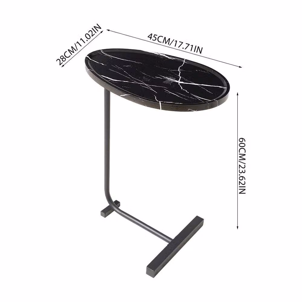 Kelvenix C-Shape Side Table with Black Marble Effect Round Top and Black Metal Frame, H 45.0 cm x W 60.0 cm – 2