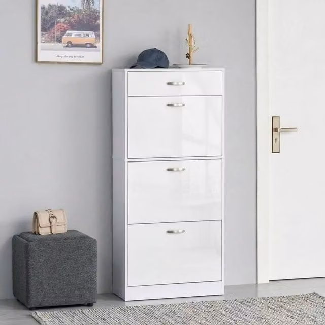 STILVORA Modern Glossy White Shoe Cabinet with 3 Tilting Compartments and Top Drawer