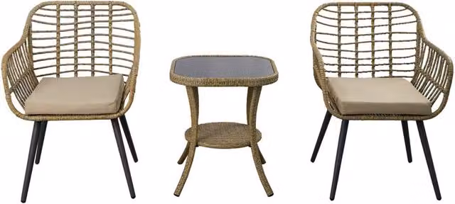FURNITURE ONE 3 Piece Rattan Garden Bistro Set with Glass Top Table in Beige – 1
