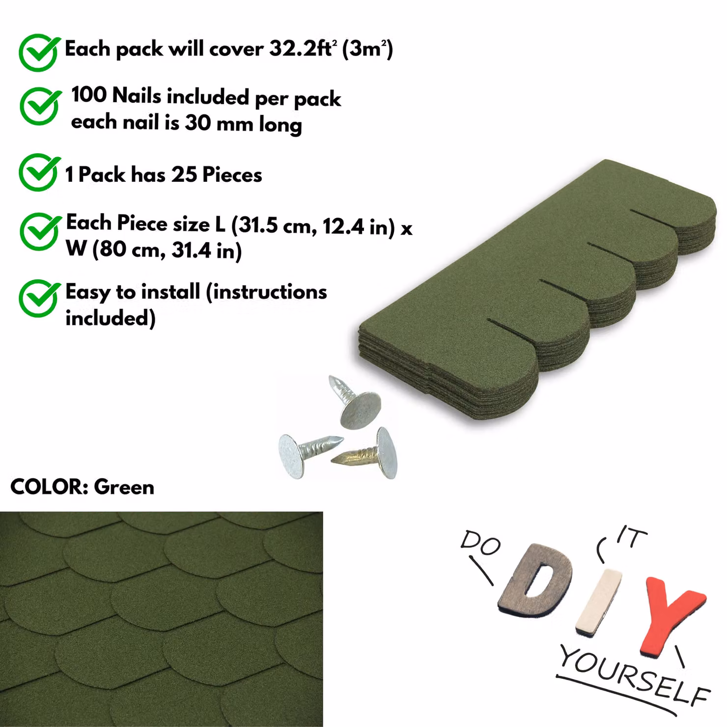 Novecrafto Heavy Duty Asphalt Roof Shingles in Green Fish Scale Design, 25 Pieces, W: 80 cm, H: 31.5 cm – 4