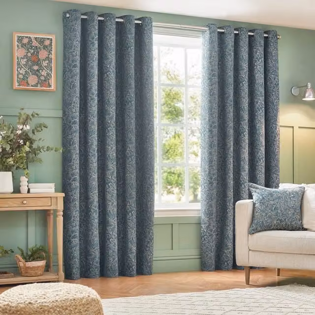 Grantley Set of 2 Wedgewood Blue Floral Jacquard Eyelet Curtains, Width: 183 cm, Height: 183 cm