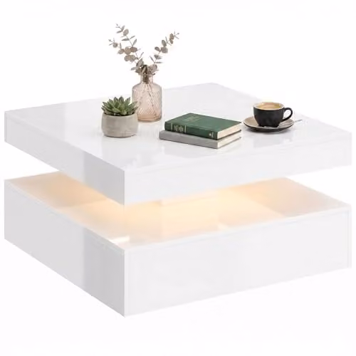 HOMCOM Modern High Gloss White LED Coffee Table with 2-Tier Storage and Lift Mechanism, W/D/H: 78 x 40 x 40 cm