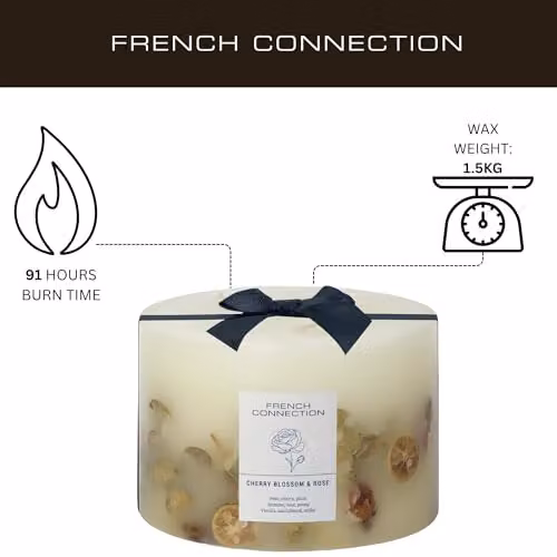 French Connection Cherry Blossom & Rose Scented Botanical Pillar Candle, White, 1.5kg – 3