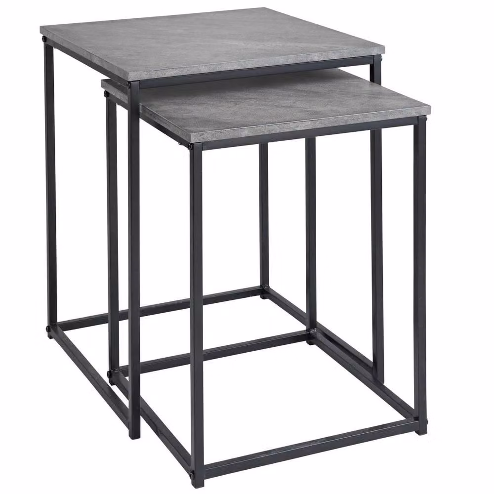FORGEVIO Grey and Black Stone Effect Nesting Side Tables with Square Composite Tops – 2