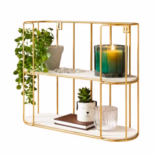 SPOT ON DEALZ 2 Tier Gold Floating Wall Shelf with Wood and Metal Frame – 2