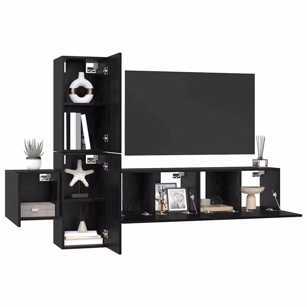 Berkfield Home Modern Wall-Mounted TV Cabinet with Open Shelves and Hinged Doors in Black and Multicolour – 3