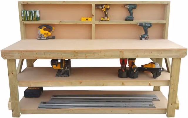 Arbor Garden Solutions MDF Top Workbench with Back Panel and Double Shelf in Natural Wood, Width: 150 cm