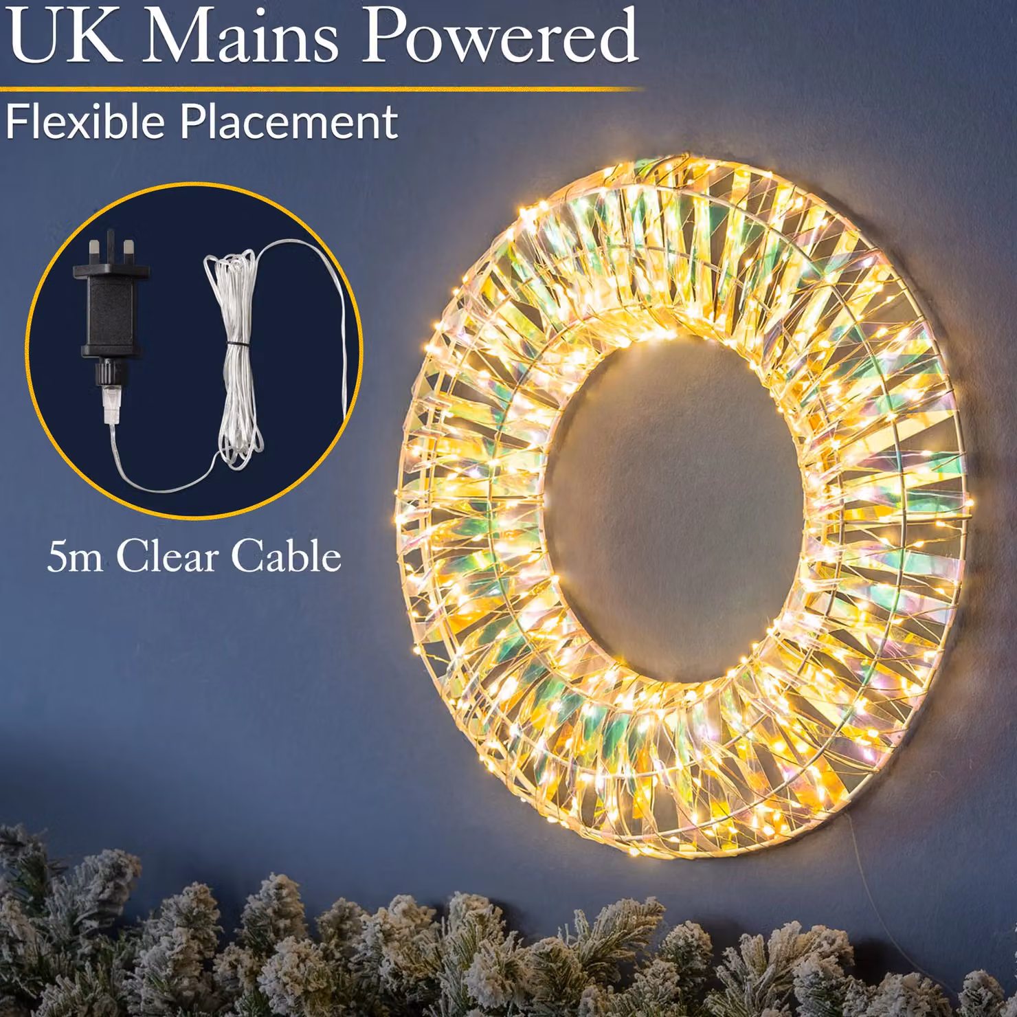 Christow Iridescent Light Up Christmas Wreath with Warm White LED, Diameter: 38 cm – 4