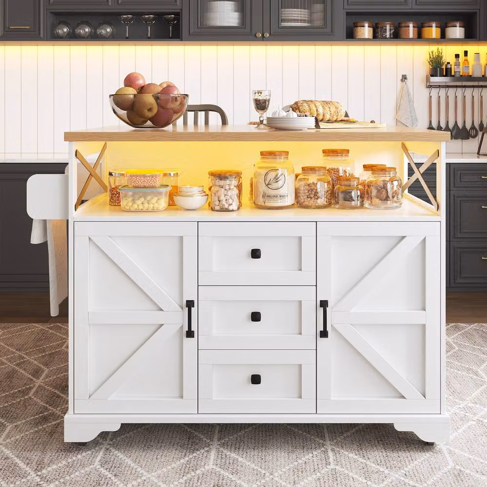 Merax Multifunctional Kitchen Island Serving Cart with Drop Leaf and LED in White, W/D/H: 120 x 71.5 x 98 cm – 4