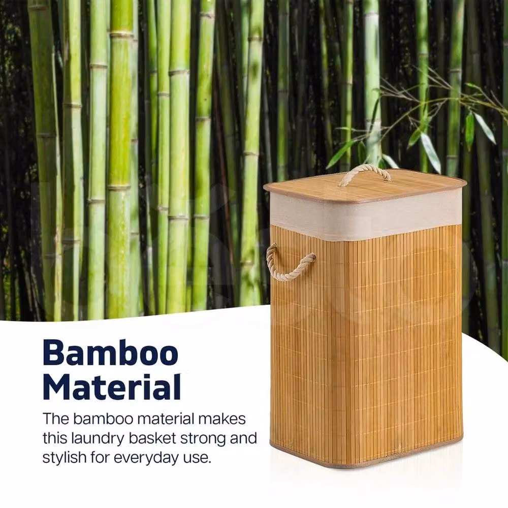 VOGREX Large Foldable Bamboo Laundry Hamper with Lid and Handles in Beige – 4