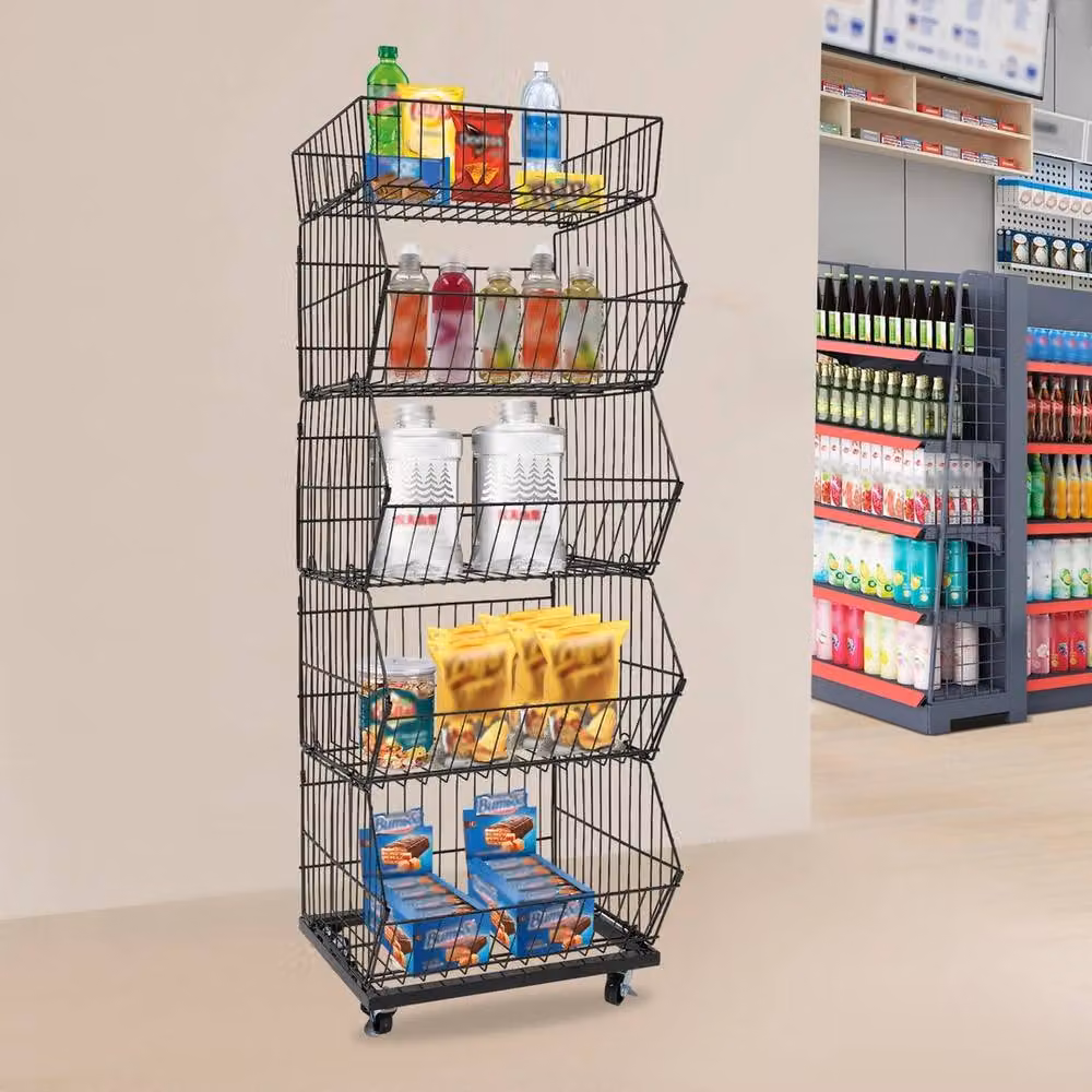 Ventryn 5 Tier Metal Wire Grid Display Rack with Wheels in Black – 3
