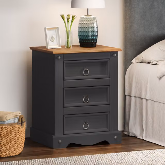 Mercers Furniture Corona Medium 3 Drawer Bedside Cabinet in Solid Pine Wood, Anthracite Grey